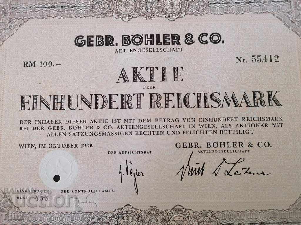 Auction Action for 100 Reich marks Gebr. Böhler & CO. AG | 1939 Auction Action for 100 Reich marks Gebr. Böhler & CO. AG | 1939