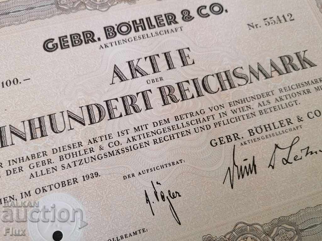 Delivery of Action for 100 Reich marks Gebr. Böhler & CO. AG | 1939 Delivery of Action for 100 Reich marks Gebr. Böhler & CO. AG | 1939