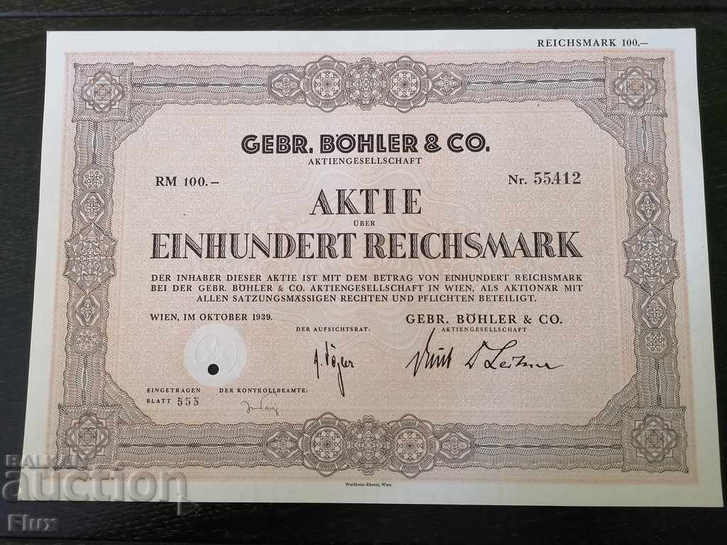 Акция за 100 райх марки | Gebr. Böhler & CO. AG | 1939г.