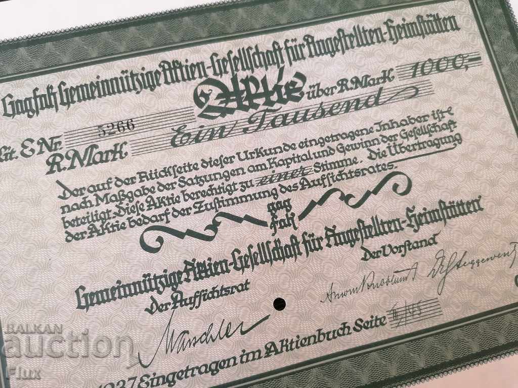 Action for 1000 Reich marks GAGFAH | 1937 with price 17.00 BGN | € 8.69