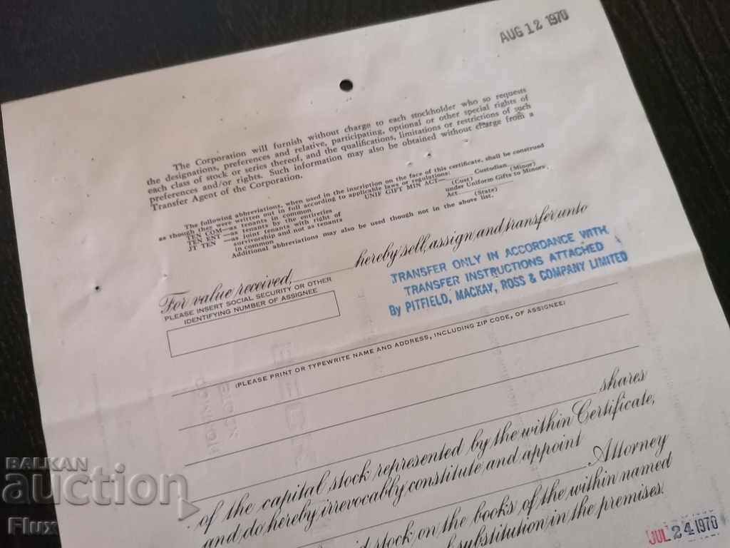 Delivery of Share certificate Beck Industries Inc. | 1970 Delivery of Share certificate Beck Industries Inc. | 1970
