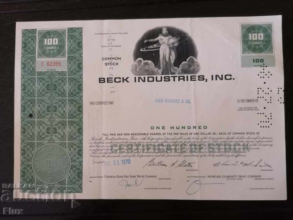 Certificat de partajare Beck Industries Inc. | 1970