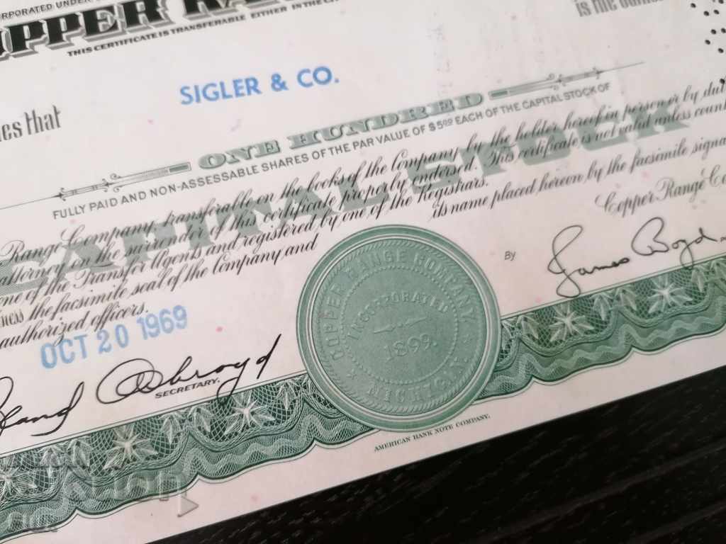Delivery of Share certificate Copper Range Company Inc. | 1969