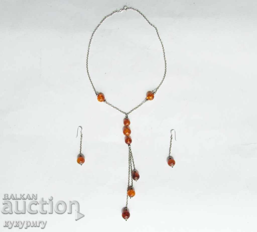Set of artistic women's necklace earrings amber silver 925
