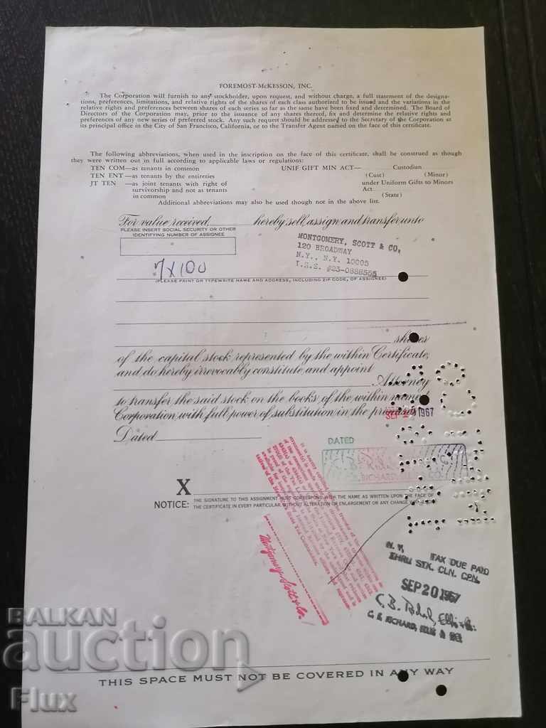 Share certificate Foremost - McKesson Inc. | 1967 - 5 Share certificate Foremost - McKesson Inc. | 1967 - 5