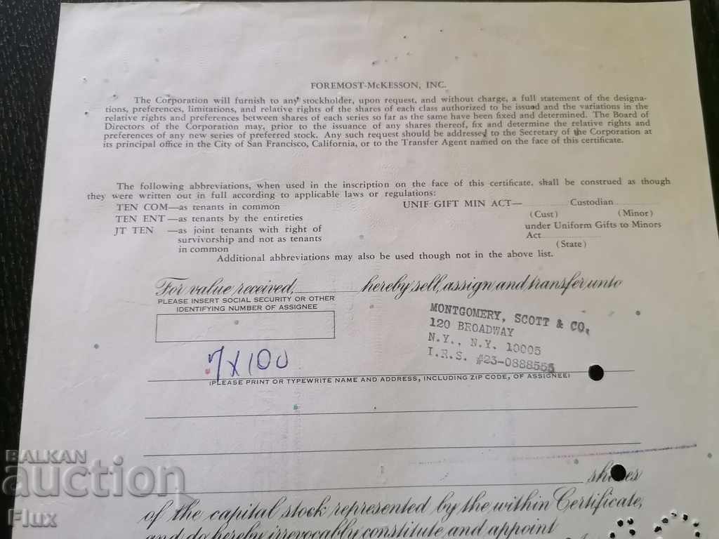 Share certificate Foremost - McKesson Inc. | 1967 - 6 Share certificate Foremost - McKesson Inc. | 1967 - 6