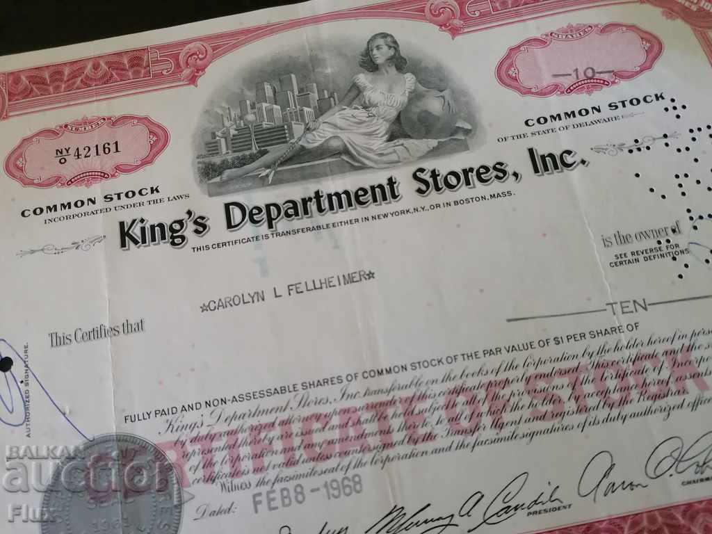 Share certificate King's Department Stores Inc. | 1968 with price 15.00 BGN | € 7.67 Share certificate King's Department Stores Inc. | 1968 with price 15.00 BGN | € 7.67