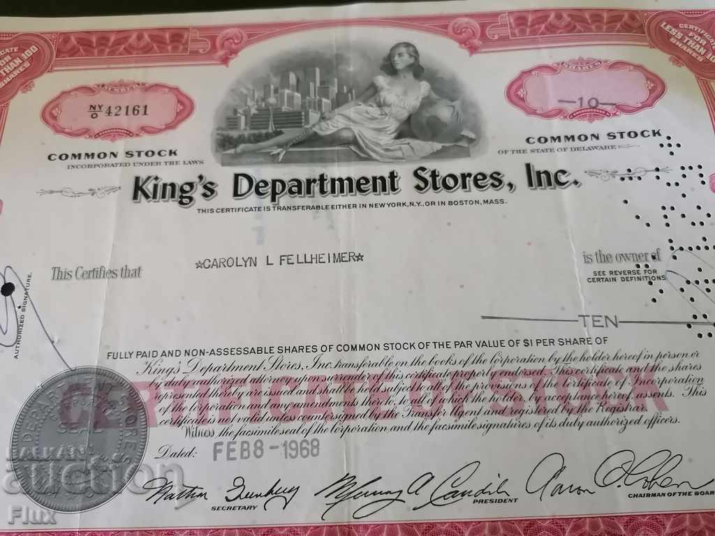 Auction Share certificate King's Department Stores Inc. | 1968 Auction Share certificate King's Department Stores Inc. | 1968