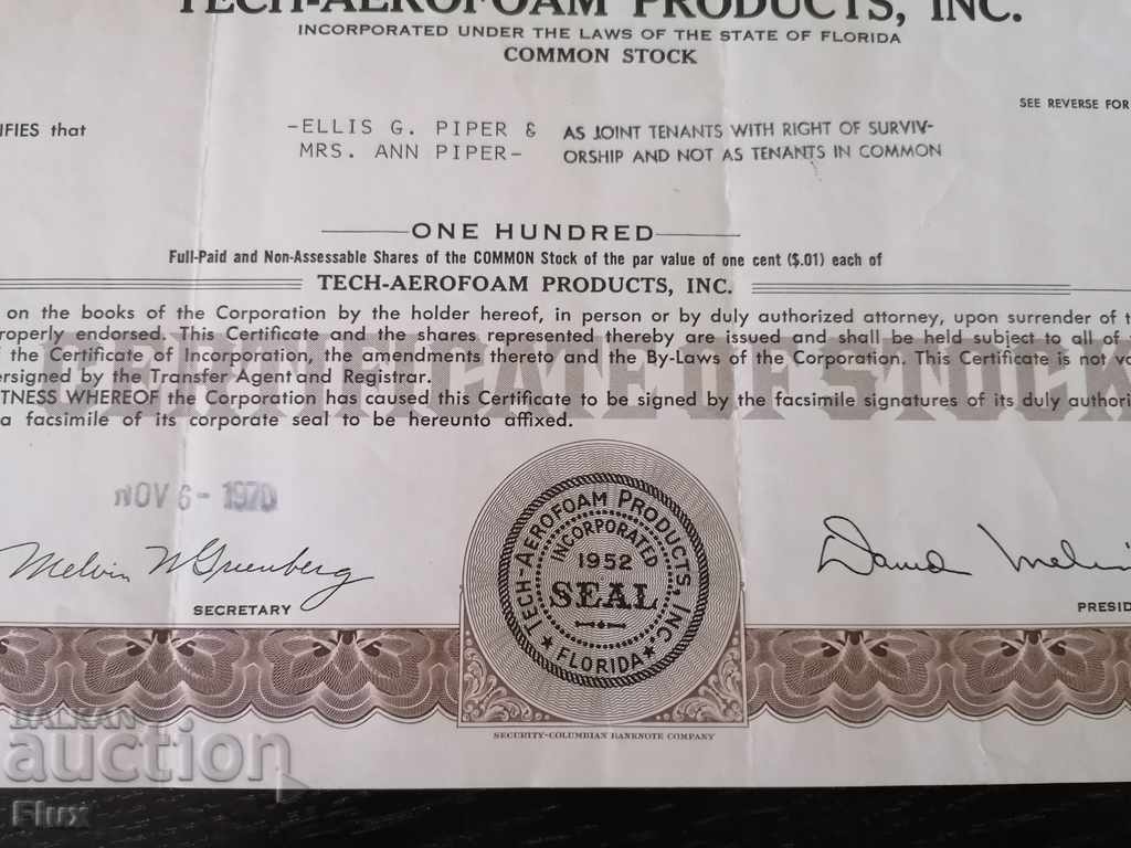Auction Share certificate Tech-Aerofoam Products Inc. | 1970 Auction Share certificate Tech-Aerofoam Products Inc. | 1970