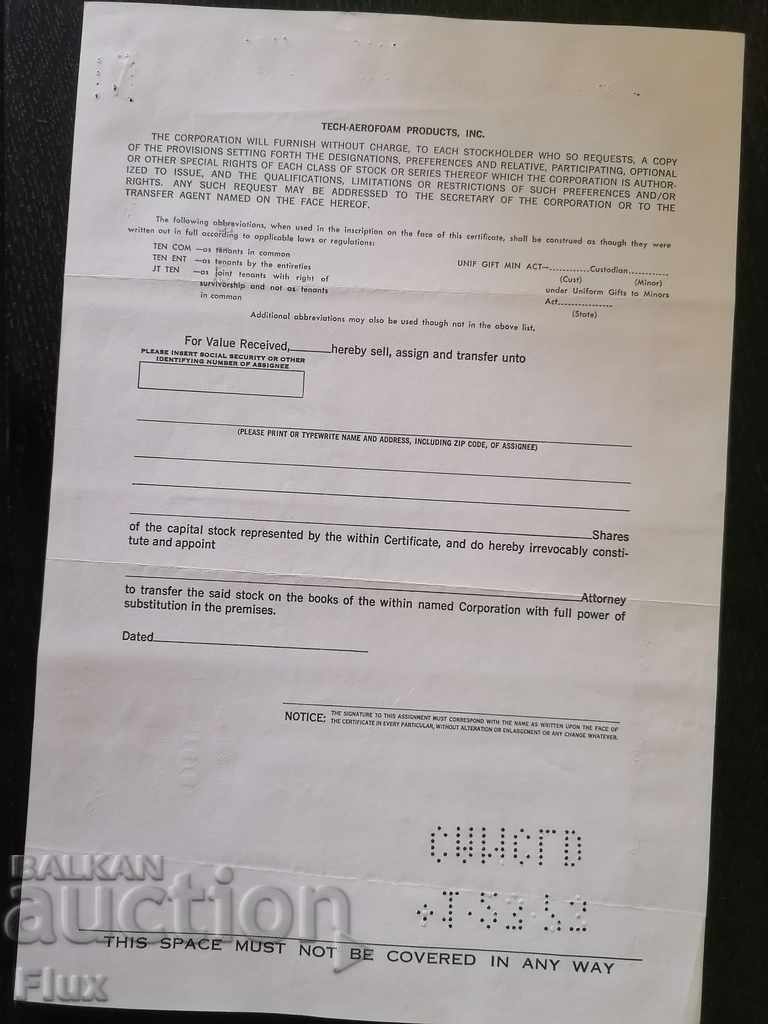 Delivery of Share certificate Tech-Aerofoam Products Inc. | 1970 Delivery of Share certificate Tech-Aerofoam Products Inc. | 1970