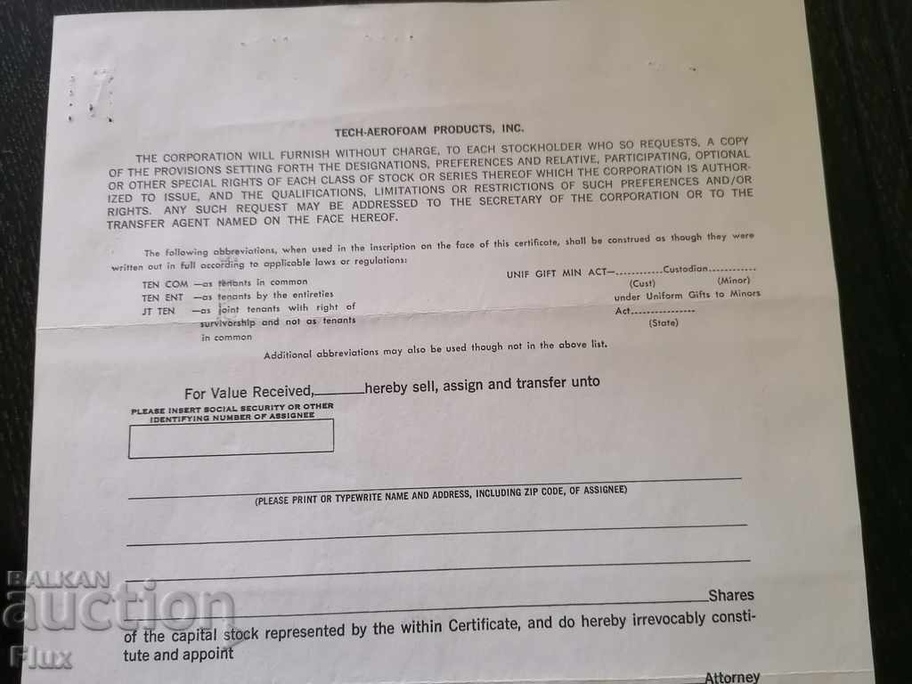 Share certificate Tech-Aerofoam Products Inc. | 1970 - 5 Share certificate Tech-Aerofoam Products Inc. | 1970 - 5