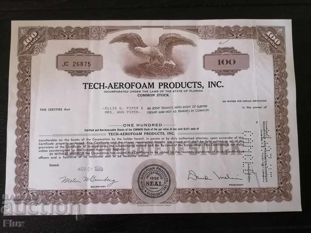 Сертификат за акции | Tech-Aerofoam Products Inc. | 1970г.