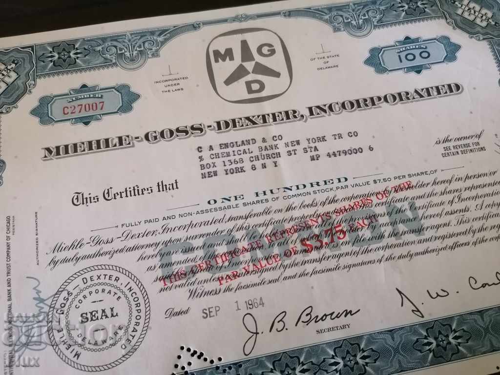Certificat de partajare Miehle-Goss-Dexter Inc. (MGD) 1964 cu preț 12.00 BGN | € 6.14