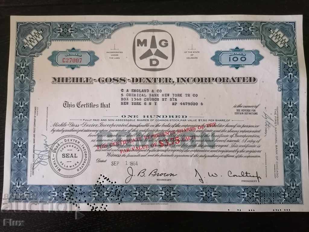 Сертификат за акции | Miehle-Goss-Dexter Inc. (MGD) | 1964г.