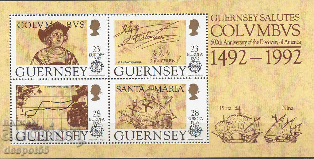 1992. Guernsey. 500 years since the discovery of America. Block.