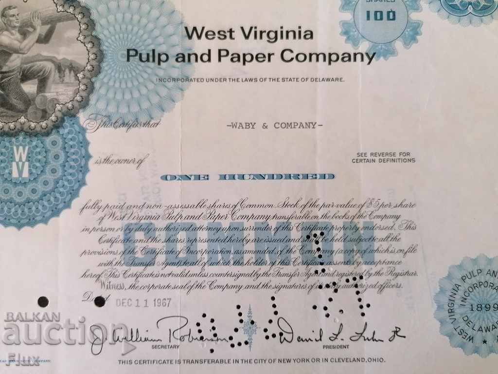 Share certificate West Virginia Pulp and Paper | 1967 with price 12.00 BGN | € 6.14 Share certificate West Virginia Pulp and Paper | 1967 with price 12.00 BGN | € 6.14