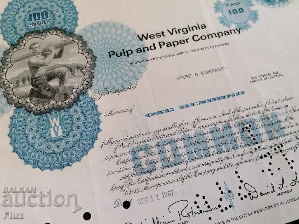 Auction Share certificate West Virginia Pulp and Paper | 1967 Auction Share certificate West Virginia Pulp and Paper | 1967