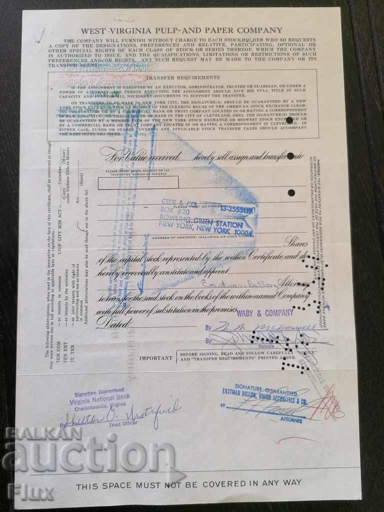 Delivery of Share certificate West Virginia Pulp and Paper | 1967 Delivery of Share certificate West Virginia Pulp and Paper | 1967