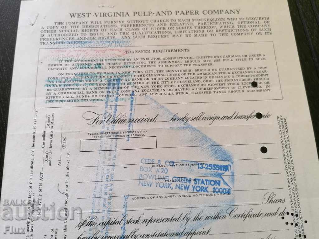 Share certificate West Virginia Pulp and Paper | 1967 - 5 Share certificate West Virginia Pulp and Paper | 1967 - 5