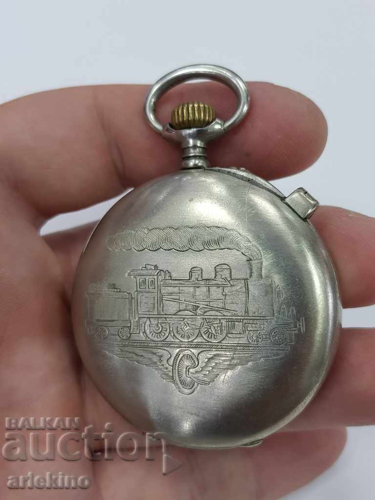 Auction Rare Swiss pocket watch LONGINES with railway locomotive Auction Rare Swiss pocket watch LONGINES with railway locomotive