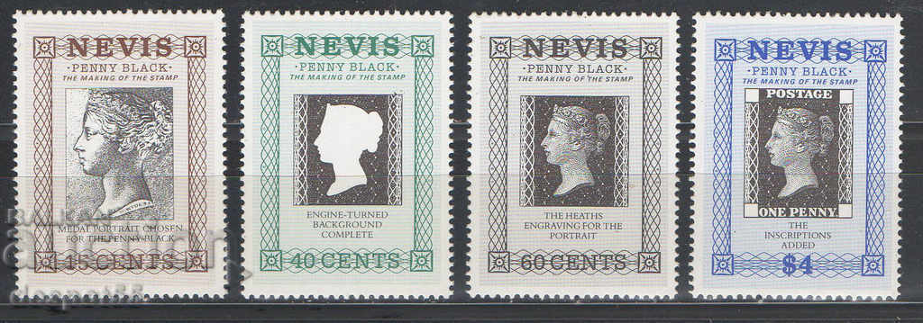 1990 Nevis.150 din primul timbru poștal Penny Black.