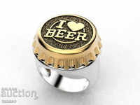 Inel I love beer, capac, bere, aur, argint, №68