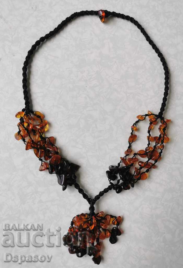 Knitted Necklace Necklace with Red and Yellow Baltic Amber