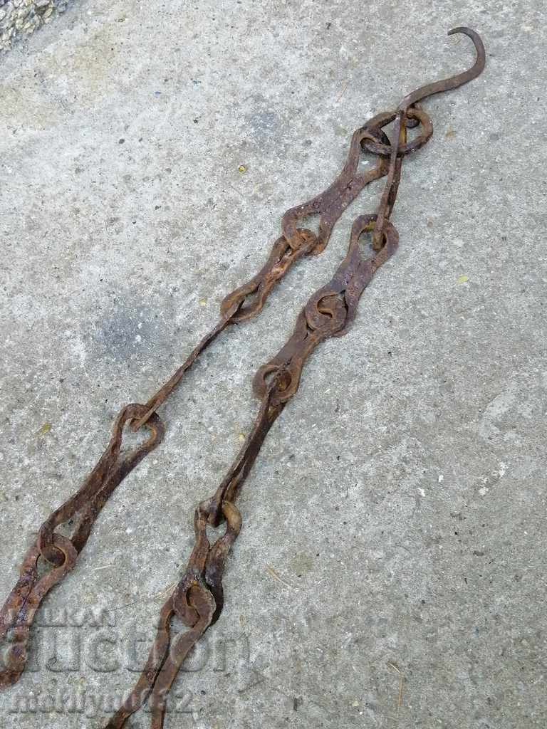 Auction  Old forged chain with hook, hearth for hearth chain hook