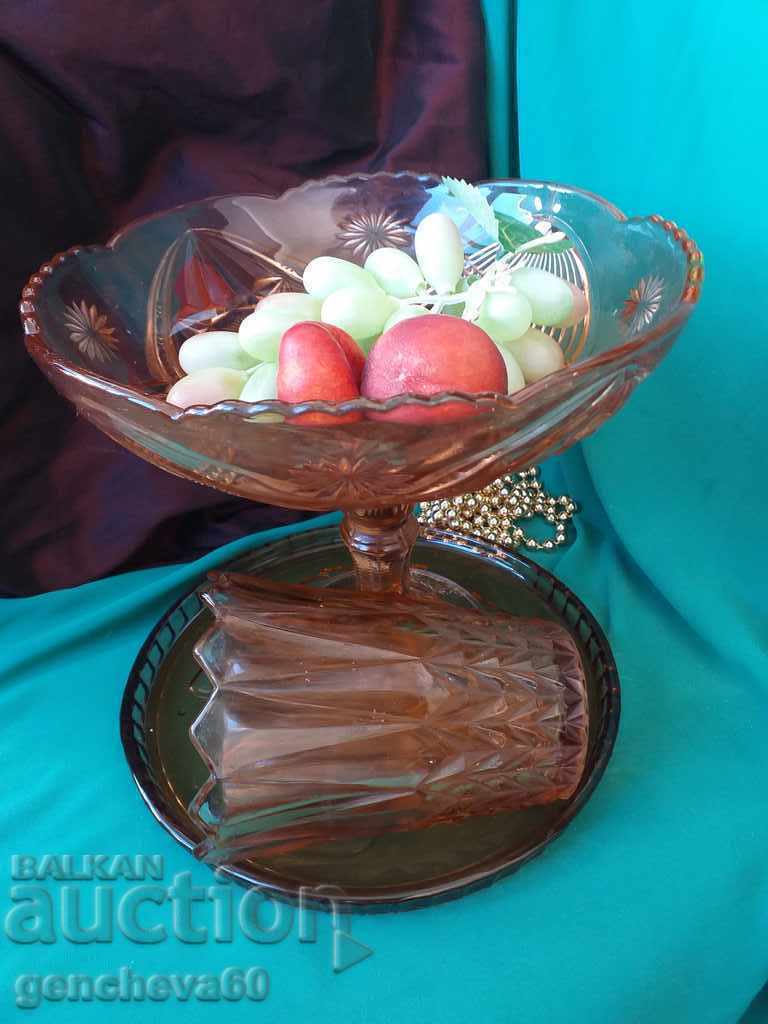 Large fruit bowl, vase and tray in amber color