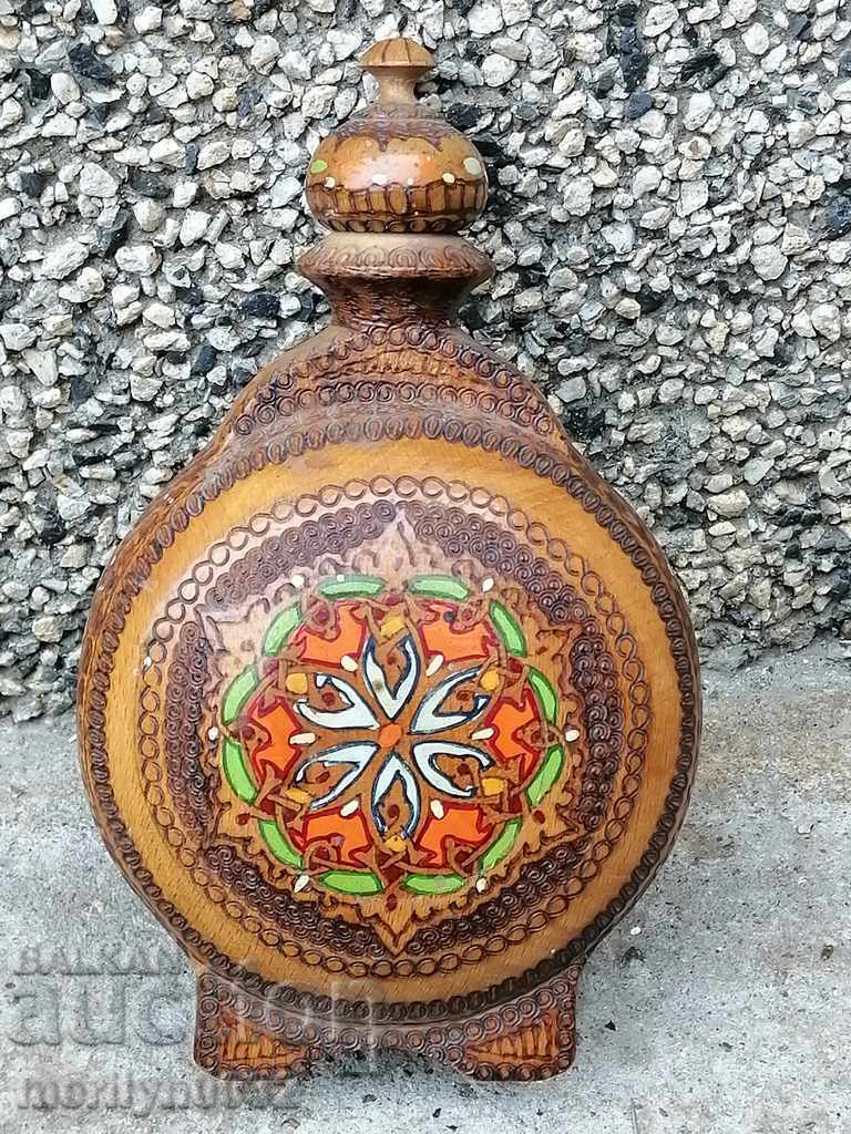 Antique pyrography flask, bucket, gourd
