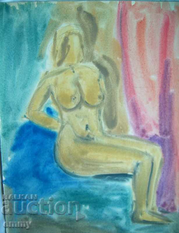 Old watercolor drawing naked wife body, not signed