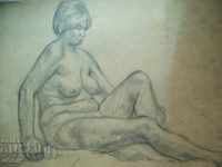 Old pencil drawing of a naked woman's body, signed in 1968