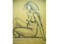 Old pencil drawing naked woman body