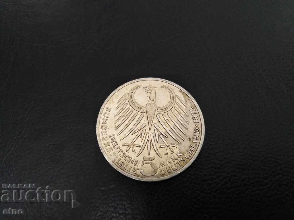 5 MARCI GERMANE 1975 FRIDRICH EBERT, ARGINT 625 5 MARCI GERMANE 1975 FRIDRICH EBERT, ARGINT 625