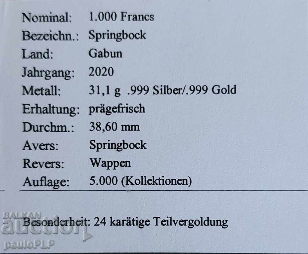 Auction 1 OUNCE SILVER + 24 Carat GOLD PLATING - 2020 - 1000 FRANCS - RARE Auction 1 OUNCE SILVER + 24 Carat GOLD PLATING - 2020 - 1000 FRANCS - RARE
