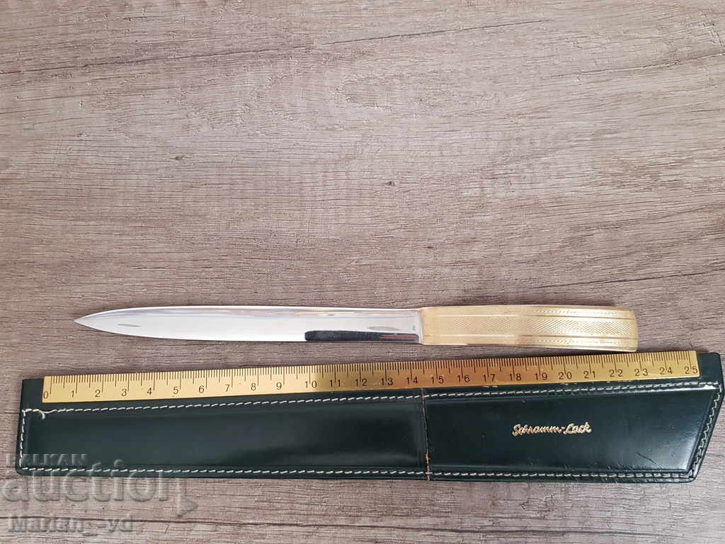 Letter knife in a leather case with a bronze ruler