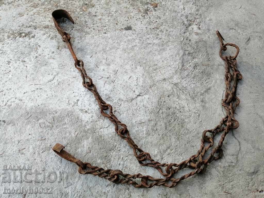 Auction Old forged chain with hook, hearth for hearth chain hook Auction Old forged chain with hook, hearth for hearth chain hook