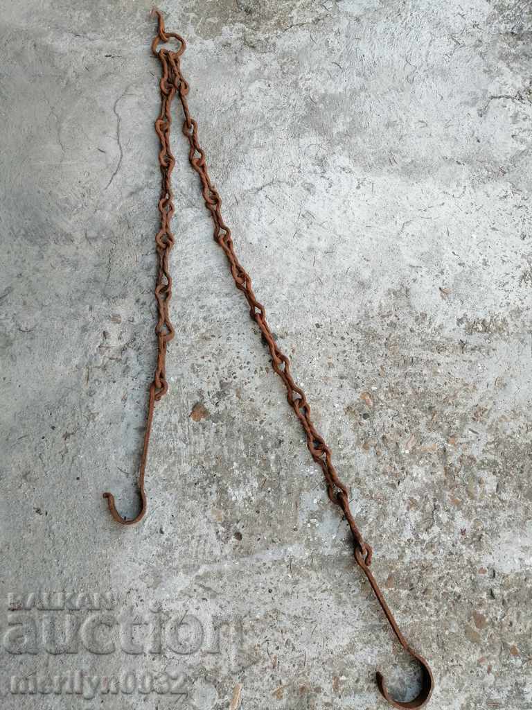 Auction  Old forged chain with hook, hearth for hearth chain hook
