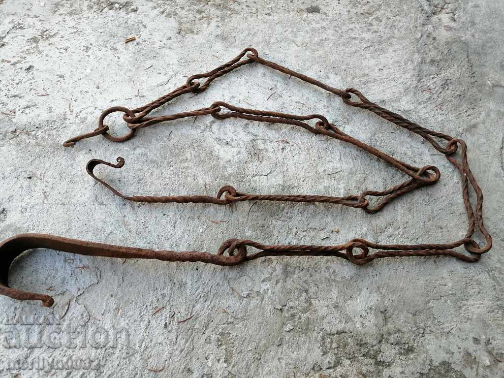 Auction Old forged chain with hook, hearth for hearth chain hook Auction Old forged chain with hook, hearth for hearth chain hook