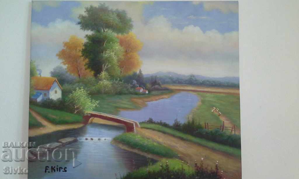 Christmas discount Painting landscape oil canvas river bridge forest