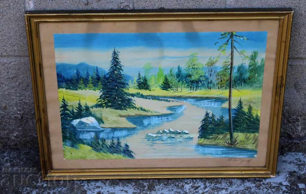 LARGE BEAUTIFUL PAINTING WATERCOLOR SIGNATED FRAME GLASS