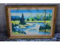 LARGE BEAUTIFUL PAINTING WATERCOLOR SIGNATED FRAME GLASS