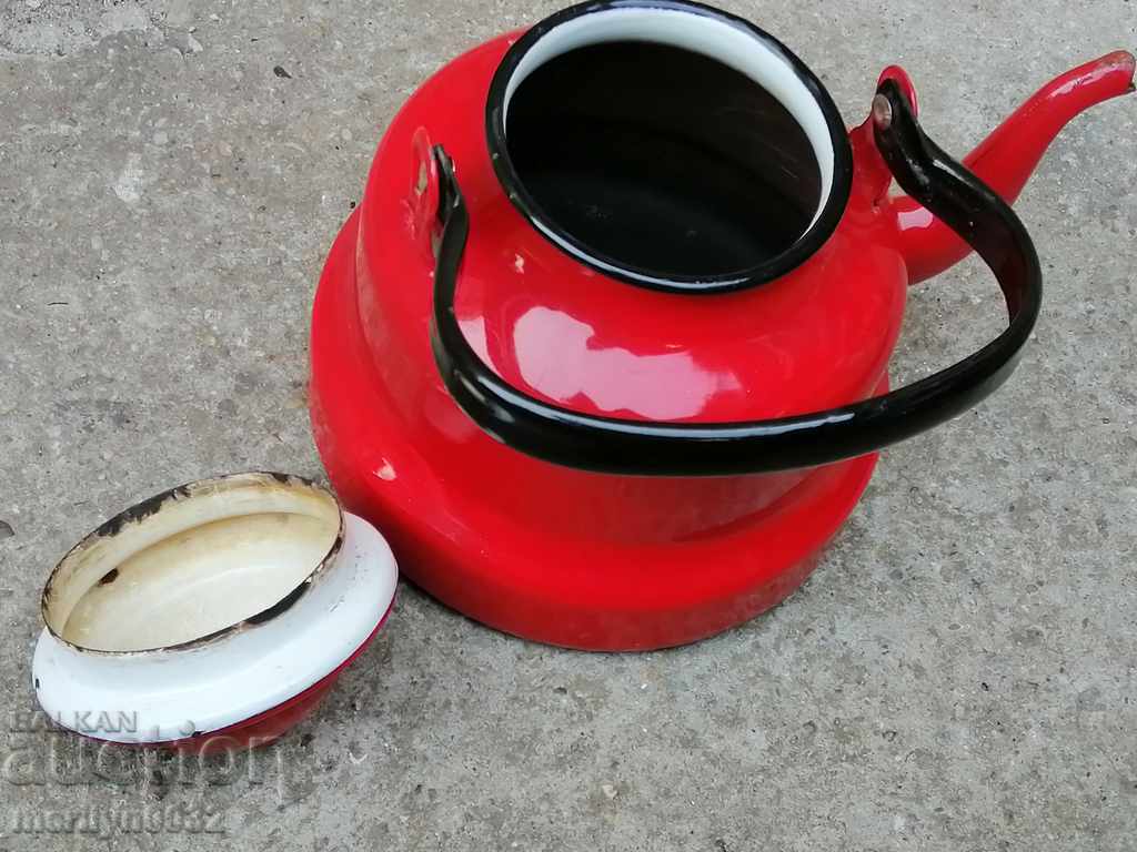 Auction Enamelled teapot made of salt container with enamel Auction Enamelled teapot made of salt container with enamel