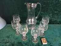 Set jug + 6 glasses richly engraved, for wine