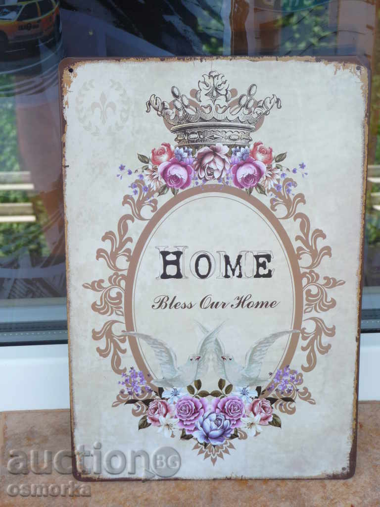 Metal plate message Home blessed pigeons crown flowers