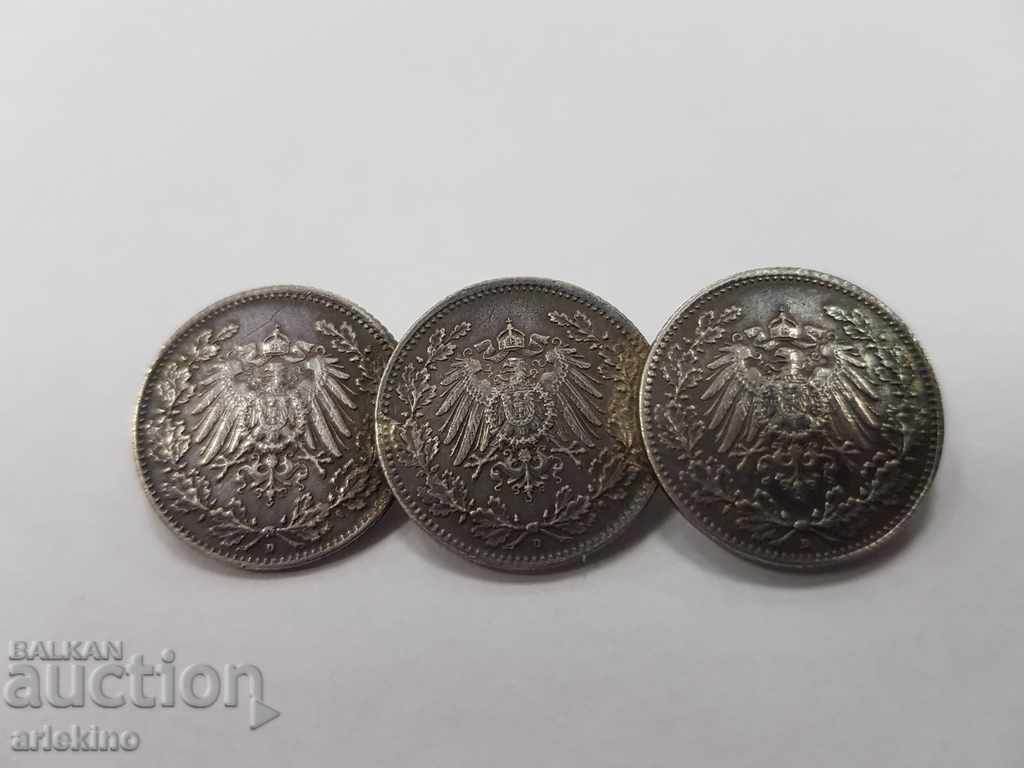 Broșă veche de argint de 3 monede germane 1916-1917