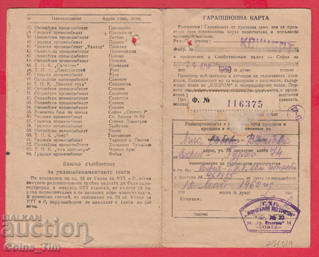 Delivery of 251019/1960 - Warranty card from Home Consumption