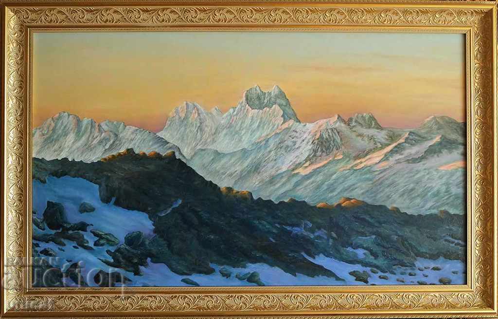 Кавказ, връх Ушба, на разсъмване, маслени бои, платно