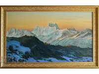 Caucasus, Ushba peak, at dawn, oil paints, canvas