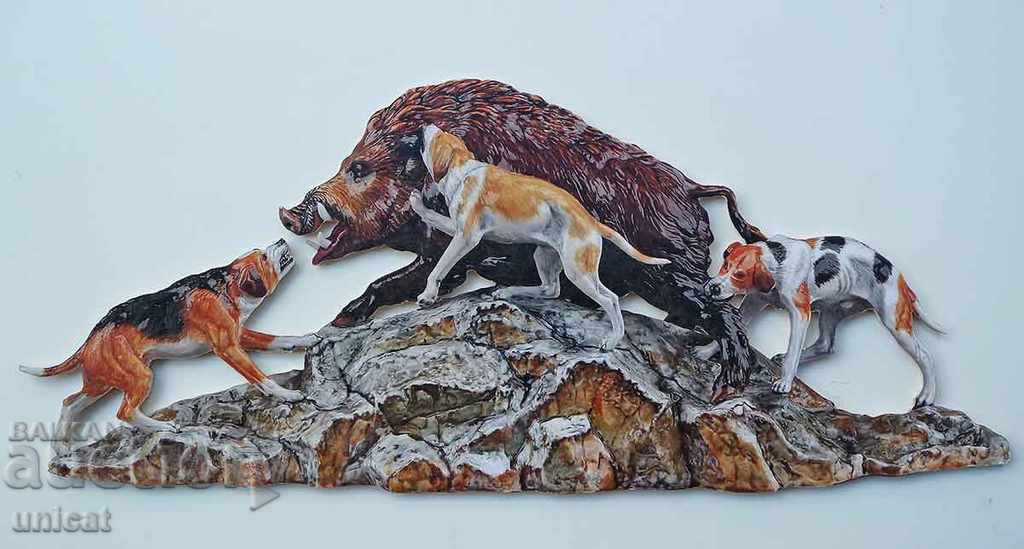 Hunting scene. Wild boar with dogs, openwork painting